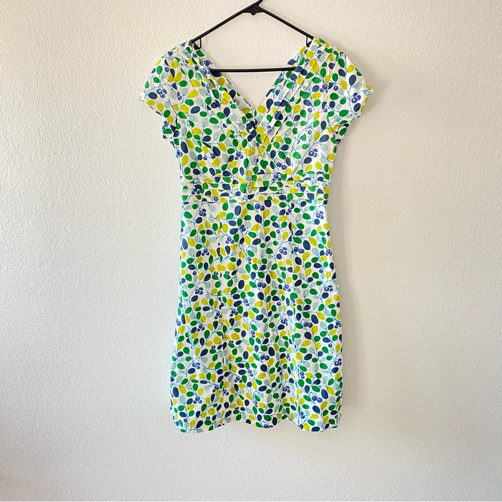 Boden White Dress with Green and Yellow Leaf Print